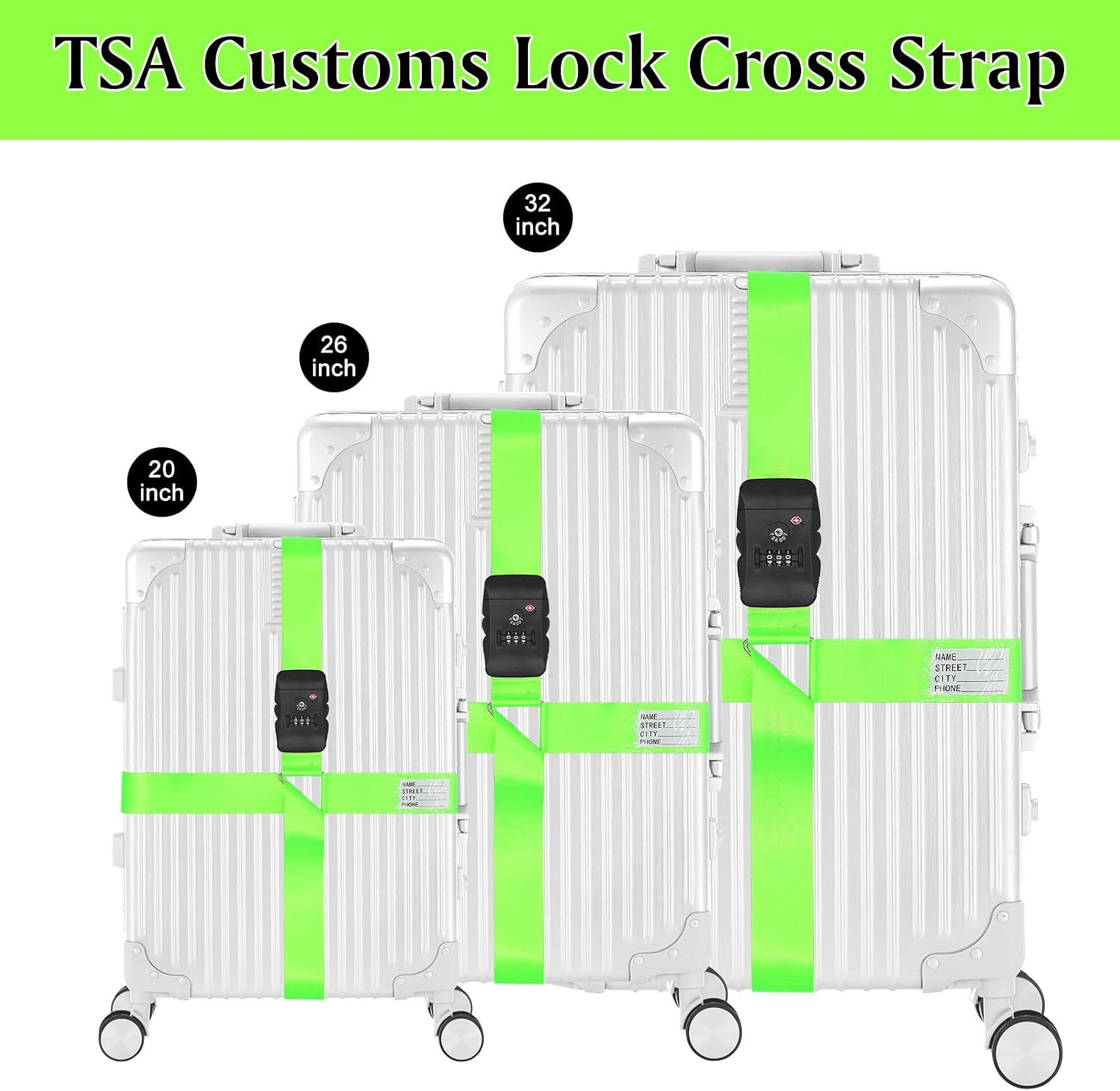 Luggage Strap Cross Luggage Strap Belt with TSA Certified Customs Lock Adjustable Non-Slip Suitcase Strap Travel Suitcase Belts for 20-34 inch Suitcase (Fluorescent Green)