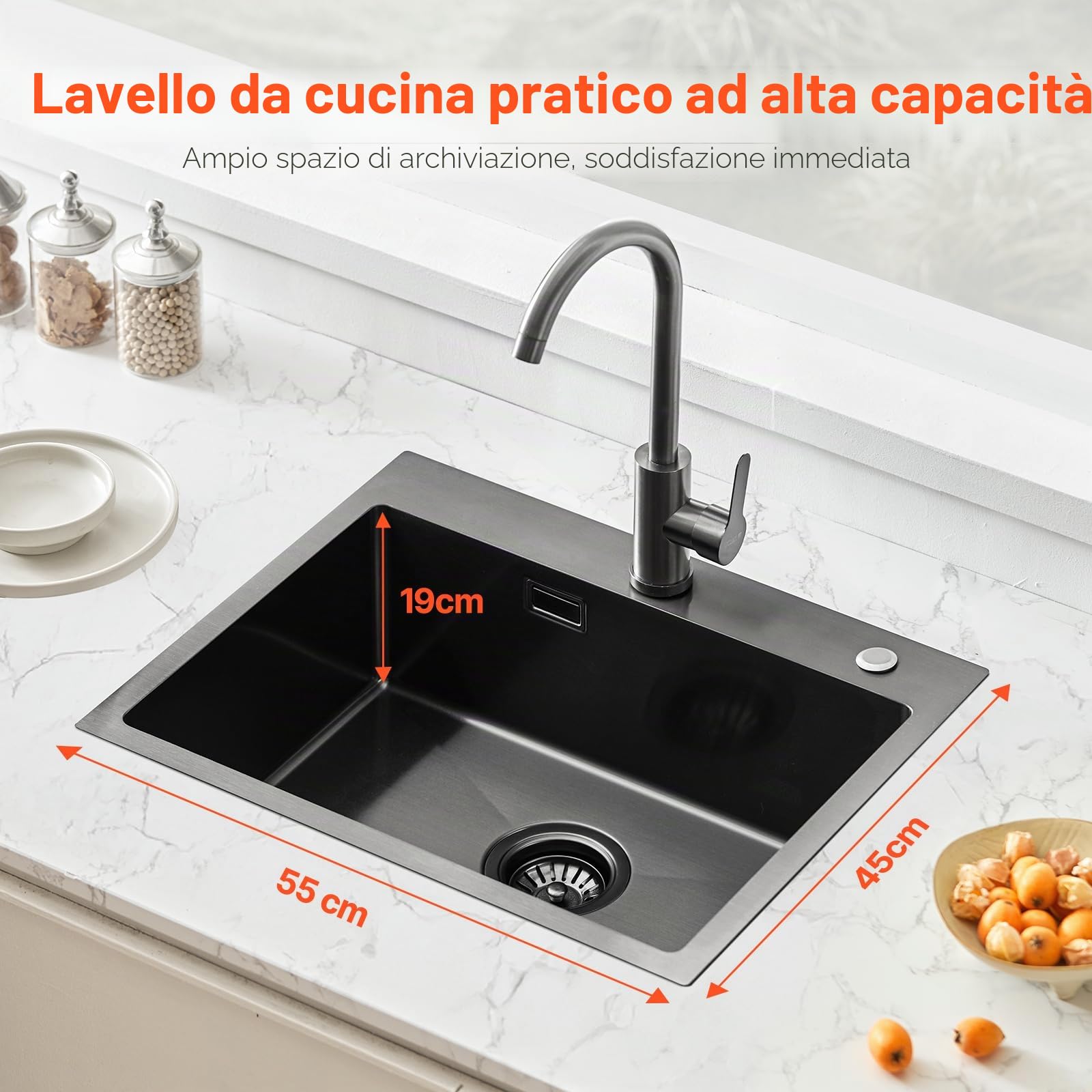 VEVOR Lavello da Cucina da 55 cm Lavello da Cucina in Acciaio Inossidabile 304 con Montaggio dall'Alto, Lavello Singolo da Incasso in Stile Country con Accessori, Lavello Domestico per Camper, Nero
