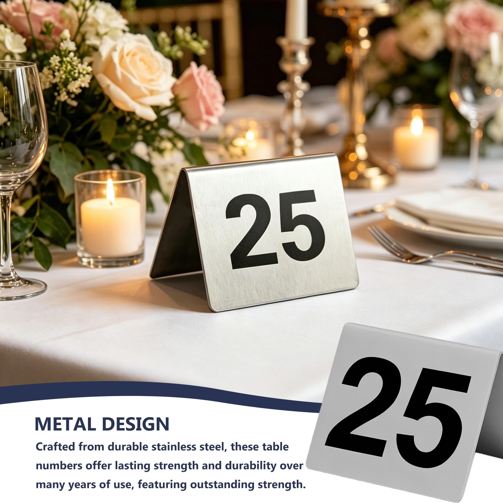 25 numeri da tavolo in acciaio inox da 1 a 25, su entrambi i lati, 5 x 5 x 4,5 cm, stile tenda, per matrimoni, ristoranti, hotel, caffetterie, bar, banchetti, colore argento