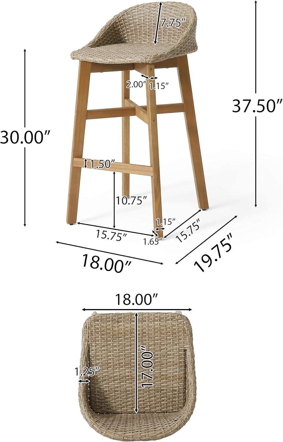 Wicker and Acacia Wood Outdoor Barstools Brown Rustic Rattan Water Resistant