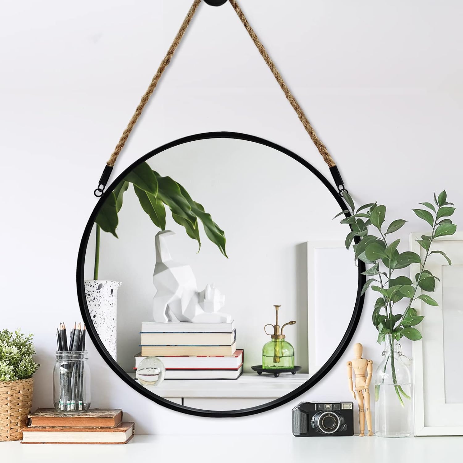 POZINO Round Hanging Mirror 20 Rope Wall Mirrors Decorative Black Metal Frame Circle Mirrors Farmhouse Wall Mounted Mirrors