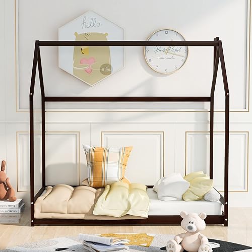 Miniatura 38 de P PURLOVE Marco de cama Montessori de tamaño individual para niñas, niños, marco de cama Montessori individual con techo, sin listones