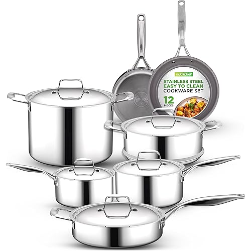 NutriChef Kitchenware Pots & Pans Set - 12 Piece, Clad Kitchen Cookware Set w/Steel Handles, Fry Pan Interior Coated w/ Ceramic Non-Stick Coating, Stylish Kitchen Cookware - NCSSX45