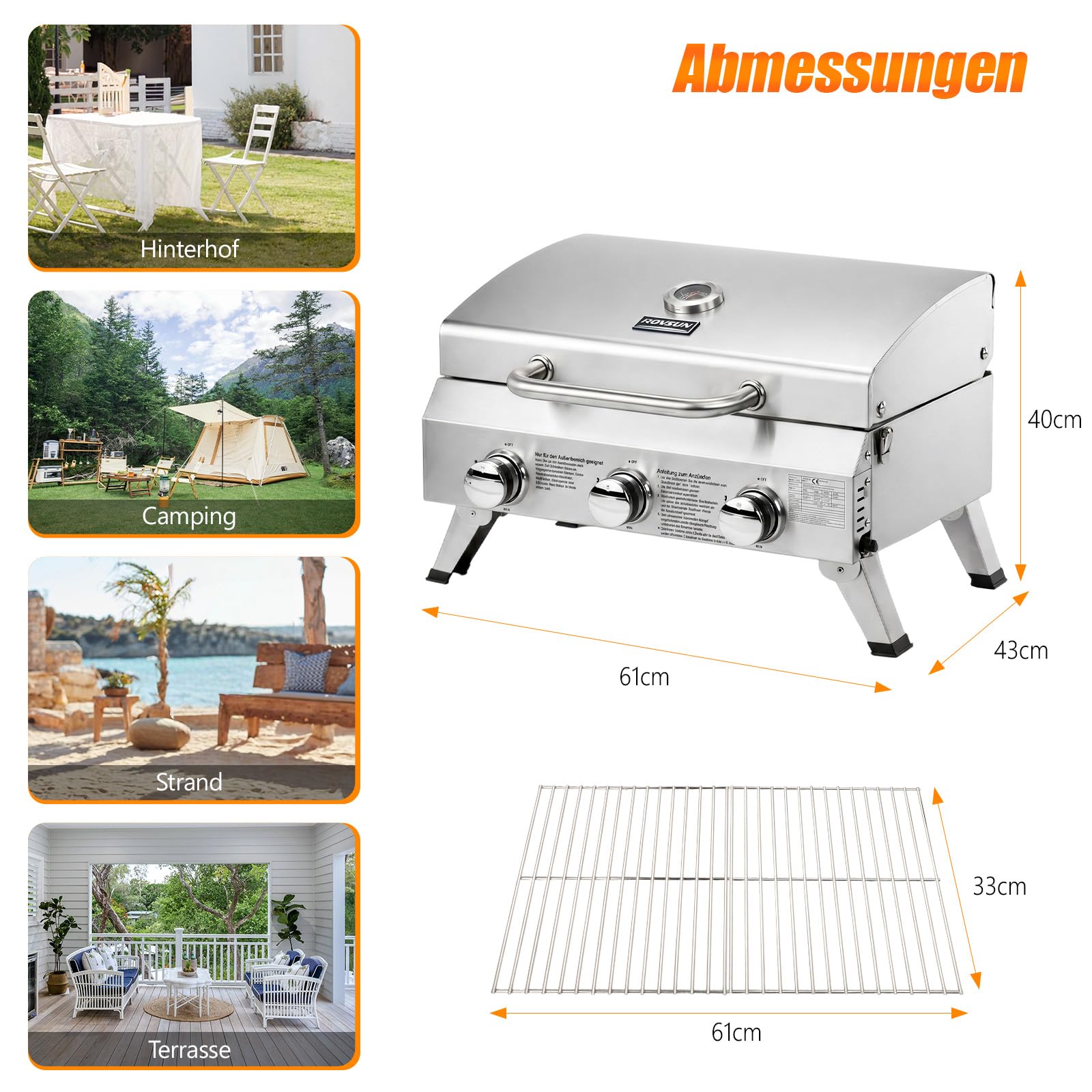 ROVSUN 6,6 kw Gasgrill mit 3 Brenner Gasgrill Camping mit Deckel & Thermometer 61x43x40 cm, Tischgrill für Hinterhof, Terrasse, Camping, Strand & Picknick