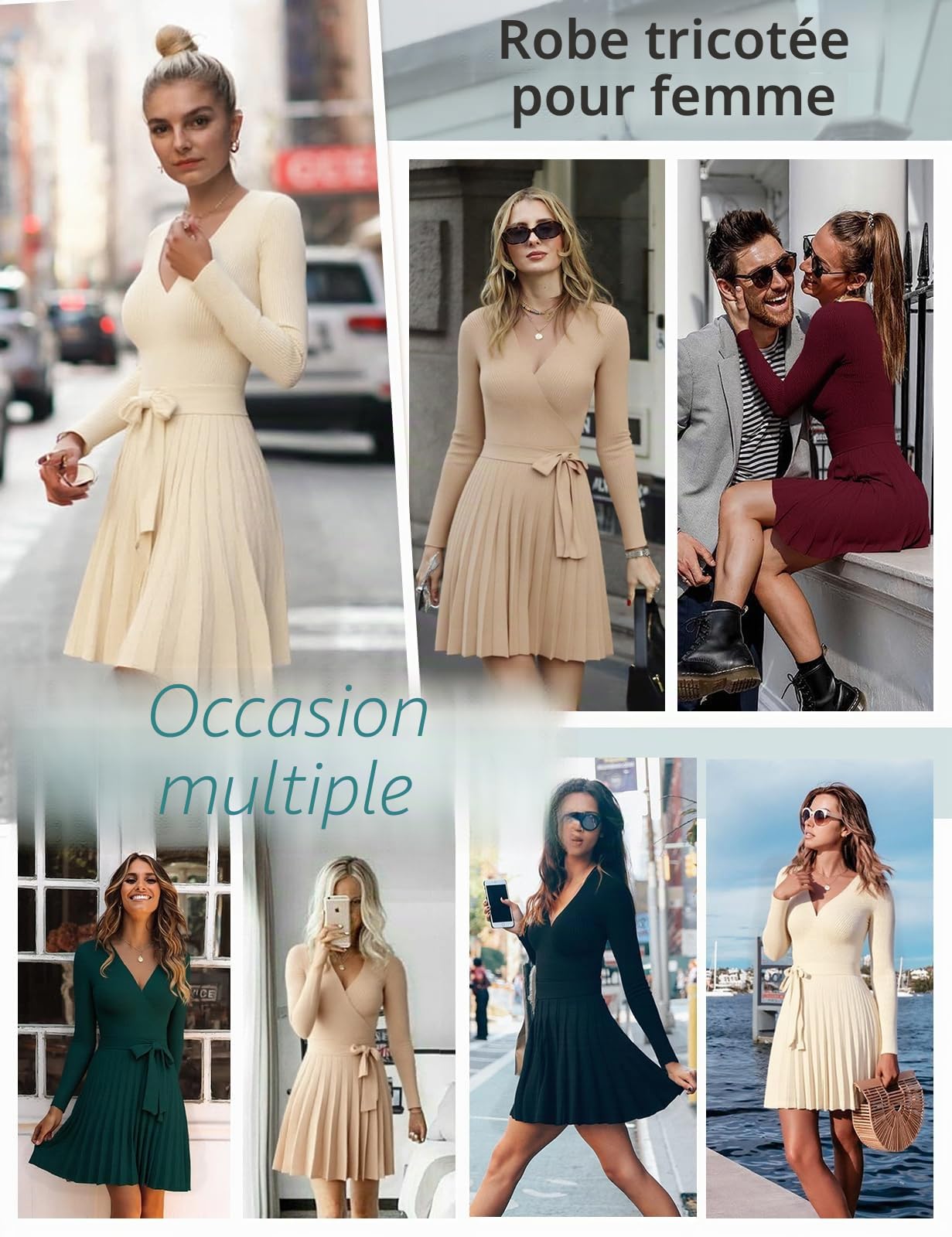 Robe Pull Femme Chic et Elegant Hiver Col en V Manches Longues Robe Casual Taille Haute A-Line Jupe Tunique Automne Tricot Robes pour Fête Soiree Noël Mariage