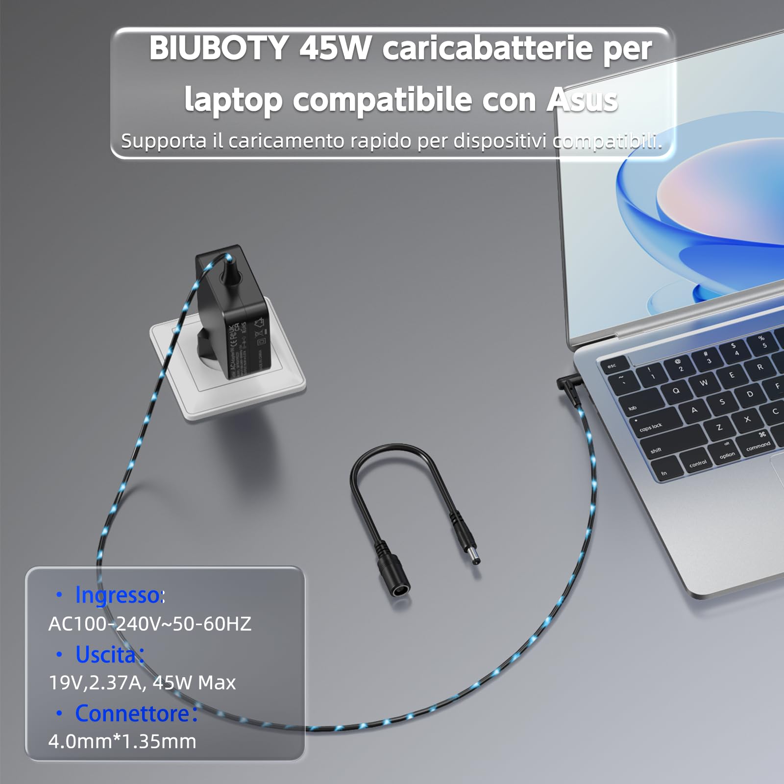 BIUBOTY Caricatore 45W Portatile 19V 2.37A Compatible con Asus Vivobook 14 15 Zenbook UX330 UX330U UX360 UX360C UX305 Q504U Q504UA Q302 Q302L Q302LA Notebook Alimentatore Caricabatteria 4.0 x 1.35mm