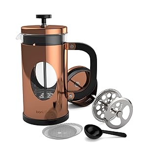 bonVIVO Cafetera Francesa GAZETARO I – Prensa Francesa de Émbolo en Acero Inoxidable y Cristal – Cafetera de Émbolo Manual para Café Molido, Cold Brew e Infusiones, 1000ml Cobre