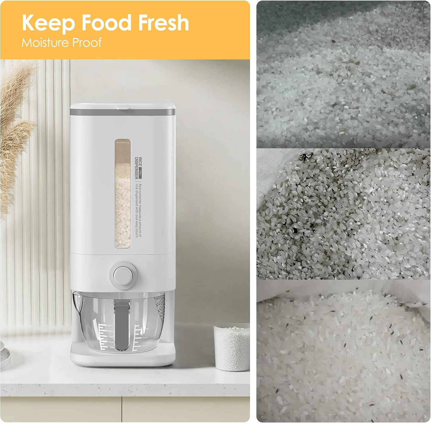 Rice Dispenser, Large Sealed Grain Container Storage with Measuring Cup, Food Cereal Container Bins for Flour Cereal Kitchen Storage (White)
