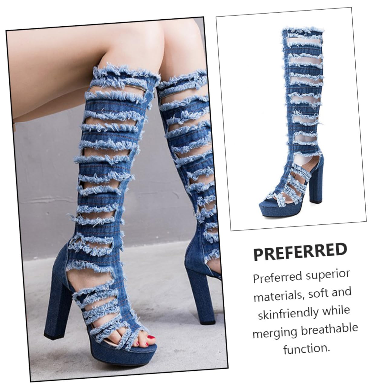FRCOLOR Stivali Sopra Ginocchio Donna, 1 Paio, Denim Blu, Tacchi Stabile