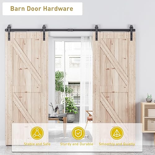 Miniatura 3 de Signstek Kit de riel de herrajes para puerta corredera doble de granero de 10 pies, uso de losa de madera, para garaje, cocina, dormitorio, ajuste