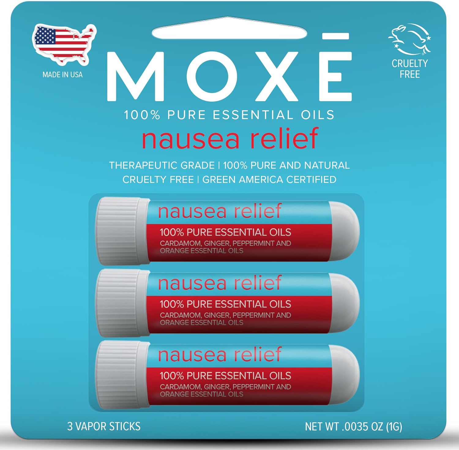 MOXE Nausea Nasal Inhaler Sticks, All Natural Essential Oil Blend, Ginger, Cardamom, Peppermint, Sweet Orange, Upset Stomach, Headaches, Easy-to-Use Portable Aromatherapy, Made in USA, 3 Pack