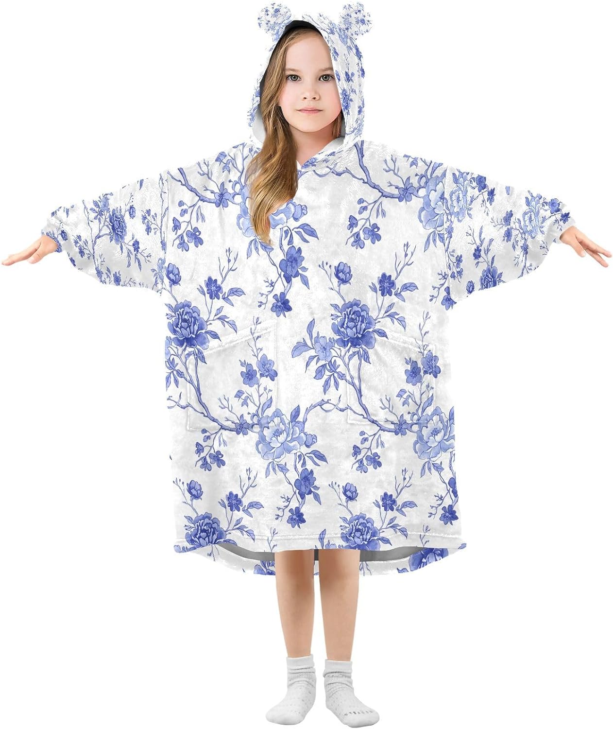 Kigai Blue Flower Wearable Blanket Hoodie for Kids Oversized Hooded Blanket Warm & Cozy Sweatshirt with Pockets
