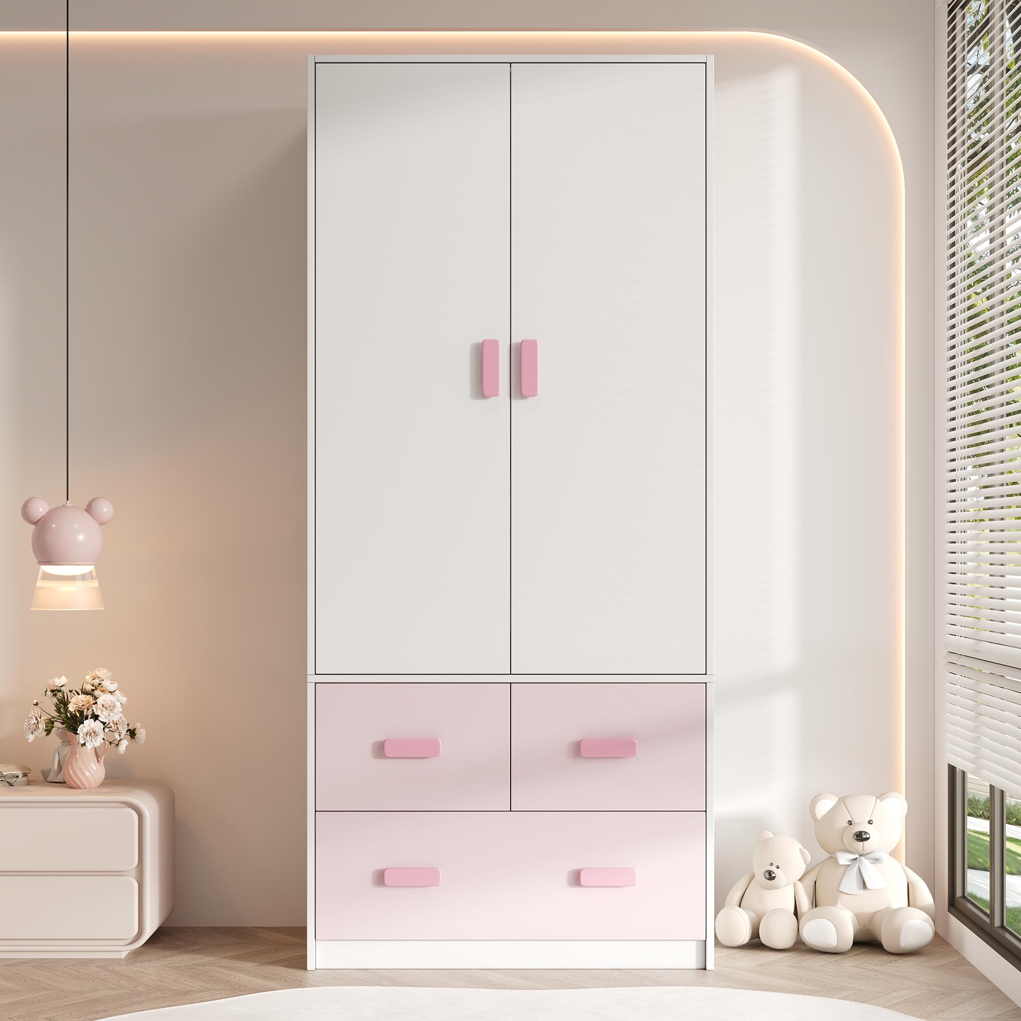 Armario infantil de 2 puertas, mueble de dormitorio, con barra colgante y 3 cajones, bicolor blanco y rosa, 80×48×180 cm
