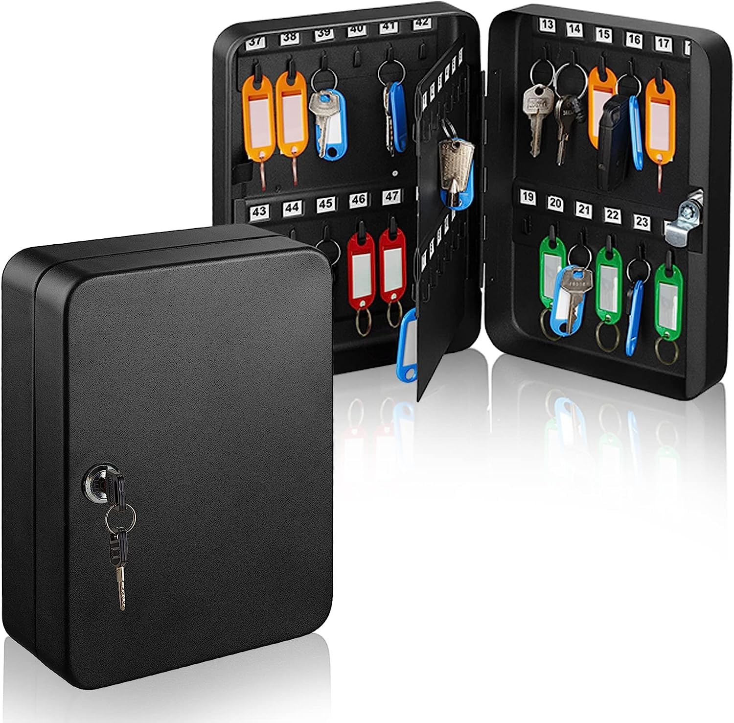 AdirOffice Key Lock Box Cabinet Wall Mount with Keys (48 Keys, Black), White Hanging Key Tags (100 Pack) Bundle