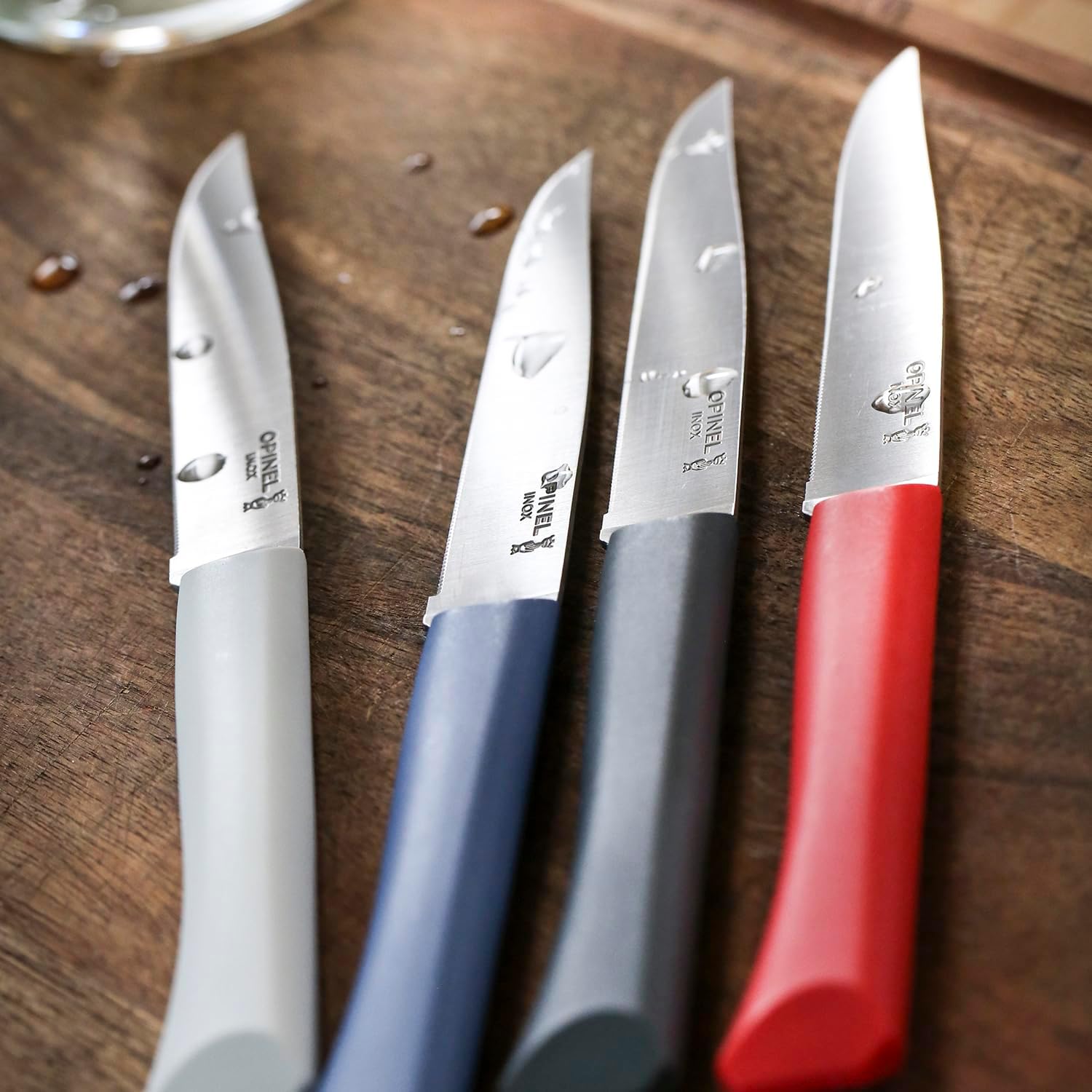 OPINEL Bon Appetit + Table Knives, 4 Piece Set Steak Knives, High Carbon Steel Dinner Knives for Parties, Entertaining, or Everyday Use, Polymer Handles, Dishwasher Safe, Made in France (Primo)