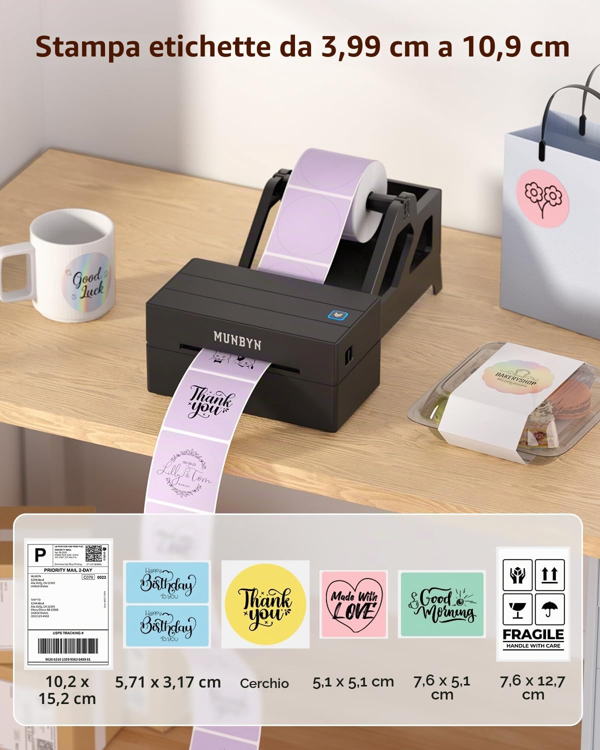 MUNBYN Stampa Etichette Spedizioni Bluetooth, Stampante Termica Wireless 4x6 per Pacchi e Piccole Imprese, Compatibile con iPhone, Android, Mac, Windows, Colissimo e UPS, Nero