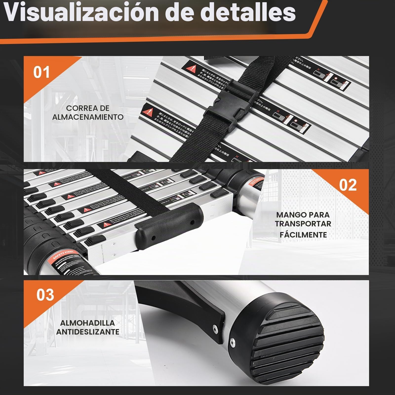 Escalera telescópica de 3.8 m con Ganchos y pies Antideslizantes, Escalera Plegable de Aluminio Ligero para altillos, Casas rodantes, Exteriores e Interiores, Capacidad de Carga de 150kg.Argentato