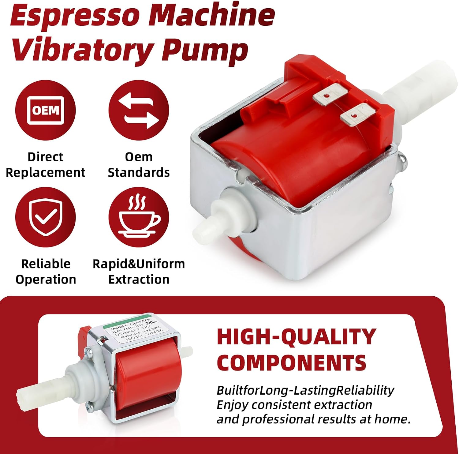 EAP5 Vibratory Solenoid Pump - 120V 60Hz 52W 15 Bar Water Pump Replacement Compatible with ULKA EAP5, for Saeco, Gaggia, DeLonghi, Rancilio and More, 1 min ON / 1.5 min OFF