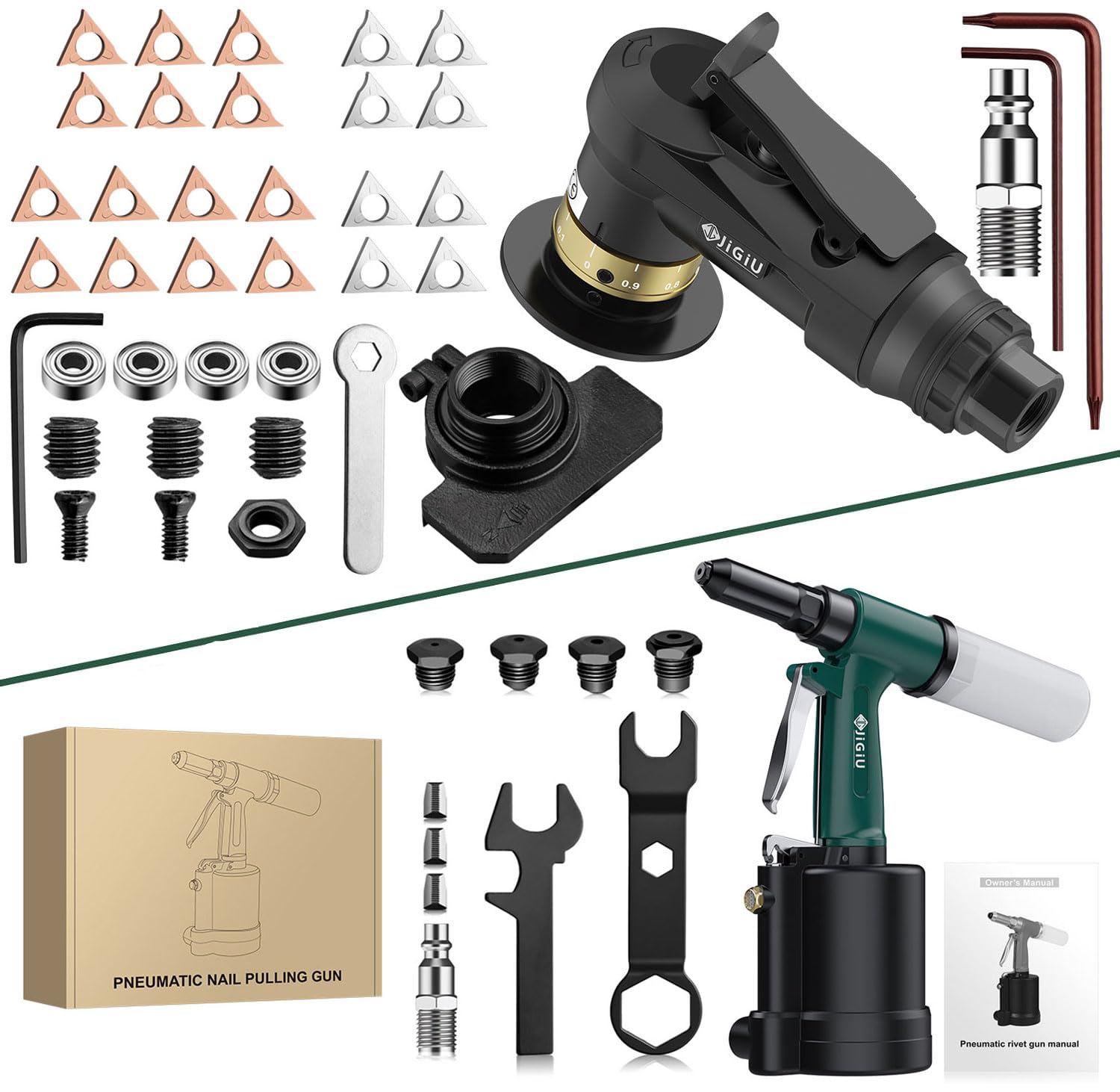 JiGiU Upgraded Air Chamfer Tool Pneumatic Chamfering Machine with Straight Guide Plate & Pneumatic Air Riveter with 4 Interchangeable Nozzles 3/32", 1/8", 5/32" and 3/16"