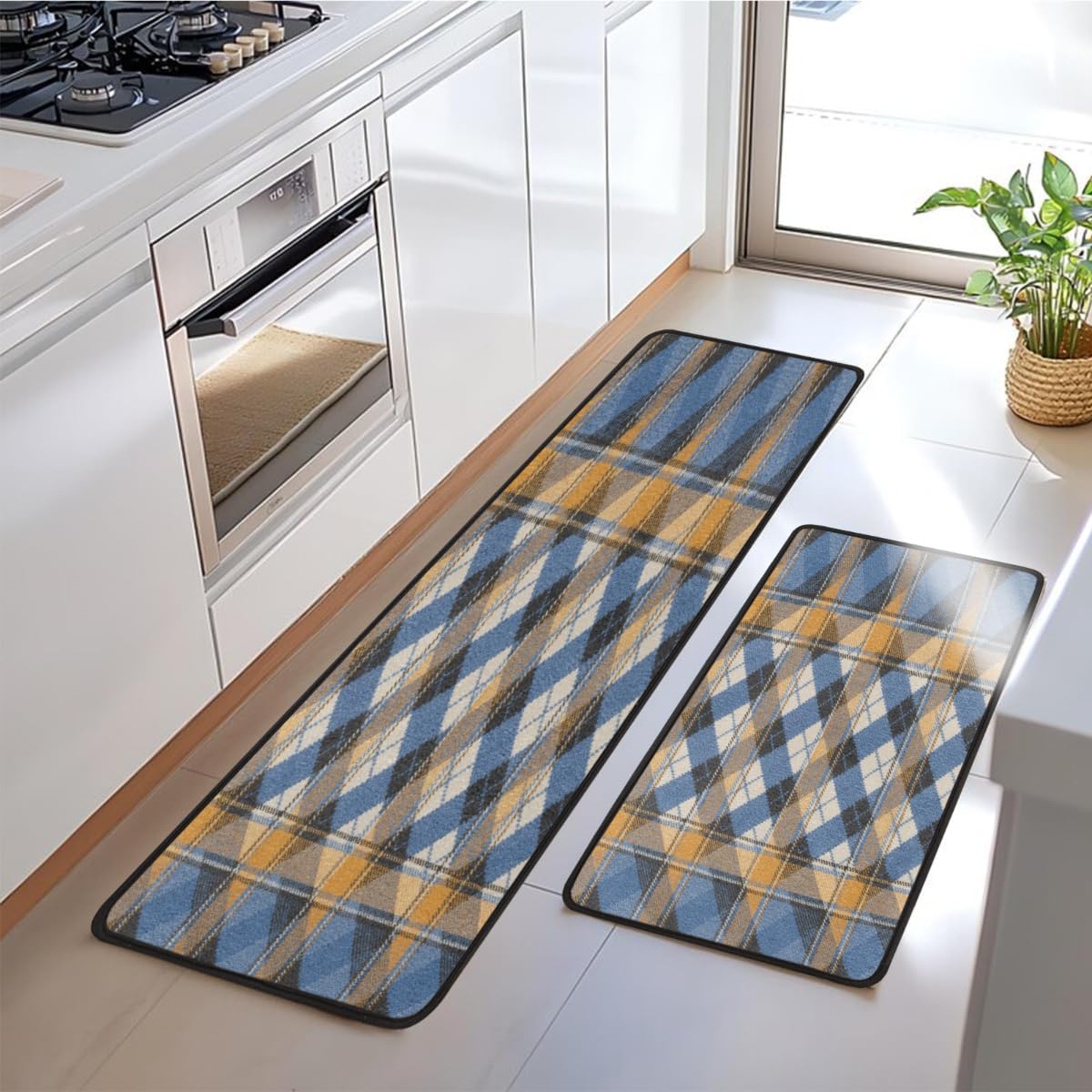 Anti Fatigue Plaid Fabric Kitchen Mats for Floor 2 Piece Set, Waterproof Non Slip Boho Kitchen Floor Rugs, Comfort Standing Mat for Sink Laundry & Home Kitchen 17"x47"+17"x29"