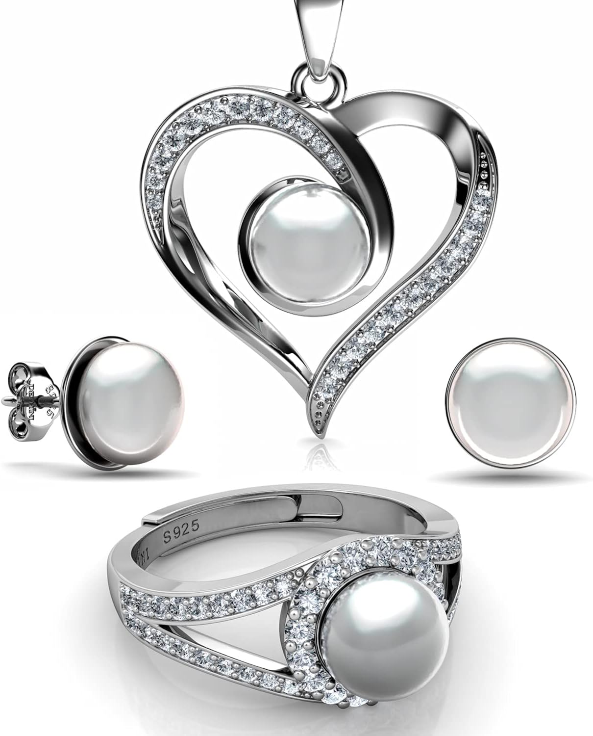 DEPHINI, Jewellery Set Heart Necklaces with stud Earrings, 925 sterling silver Double Hearts Pendant for Women