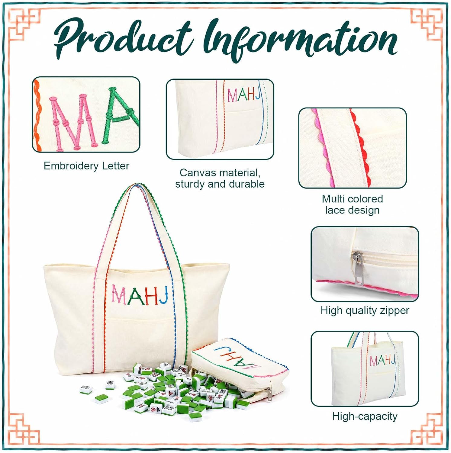 2 Pcs Embroidered Mahjong Canvas Tote (large & Extra Large) Empty Tiles Tote Embroidered Tile Bag for Mahjong Lover Accessories Overnight (Colorful)