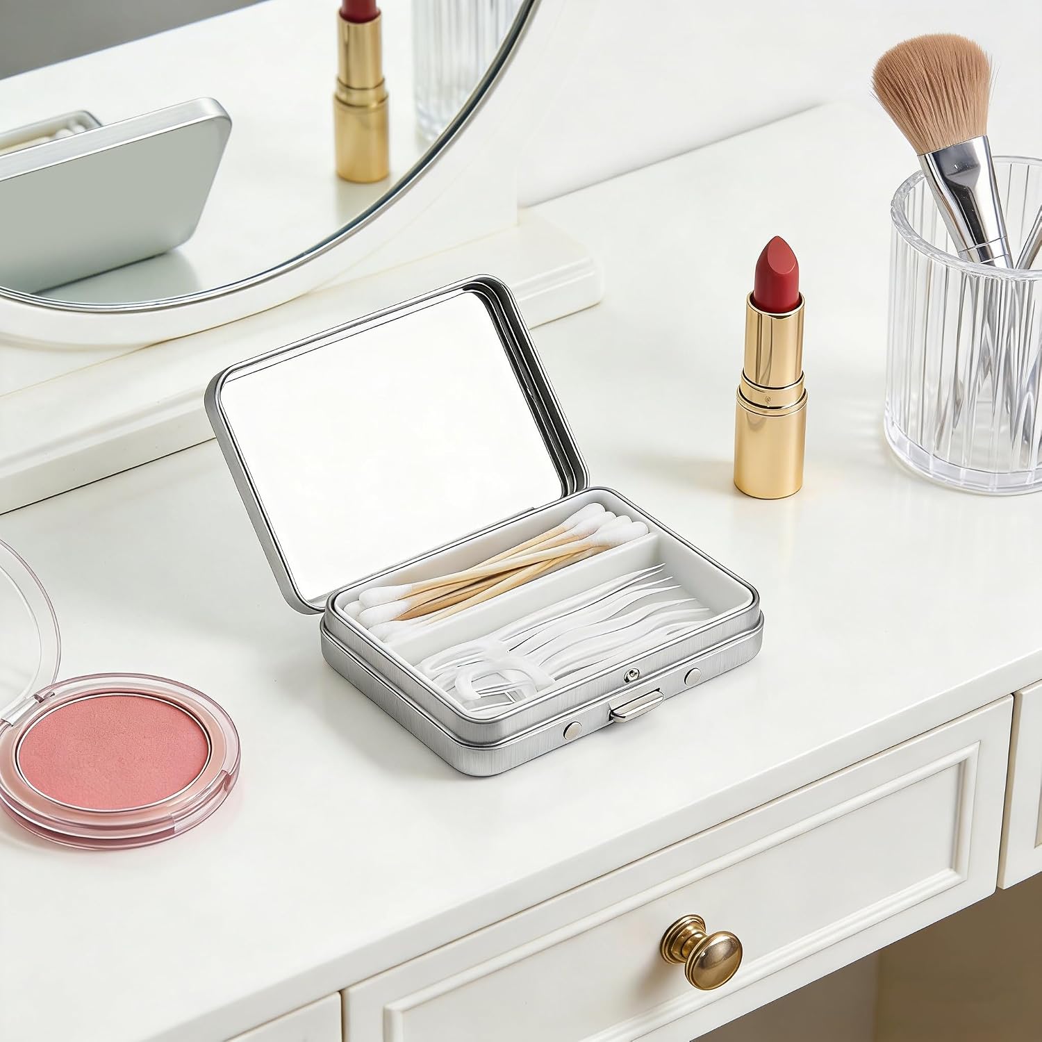 Cotton Swab Holder and Dental Floss Case with Mirror for Travel, 2Pack Portable Refillable Floss Pick Box, 2 Compartment Small Container for Sewing,Crafts, Storage(Silver)
