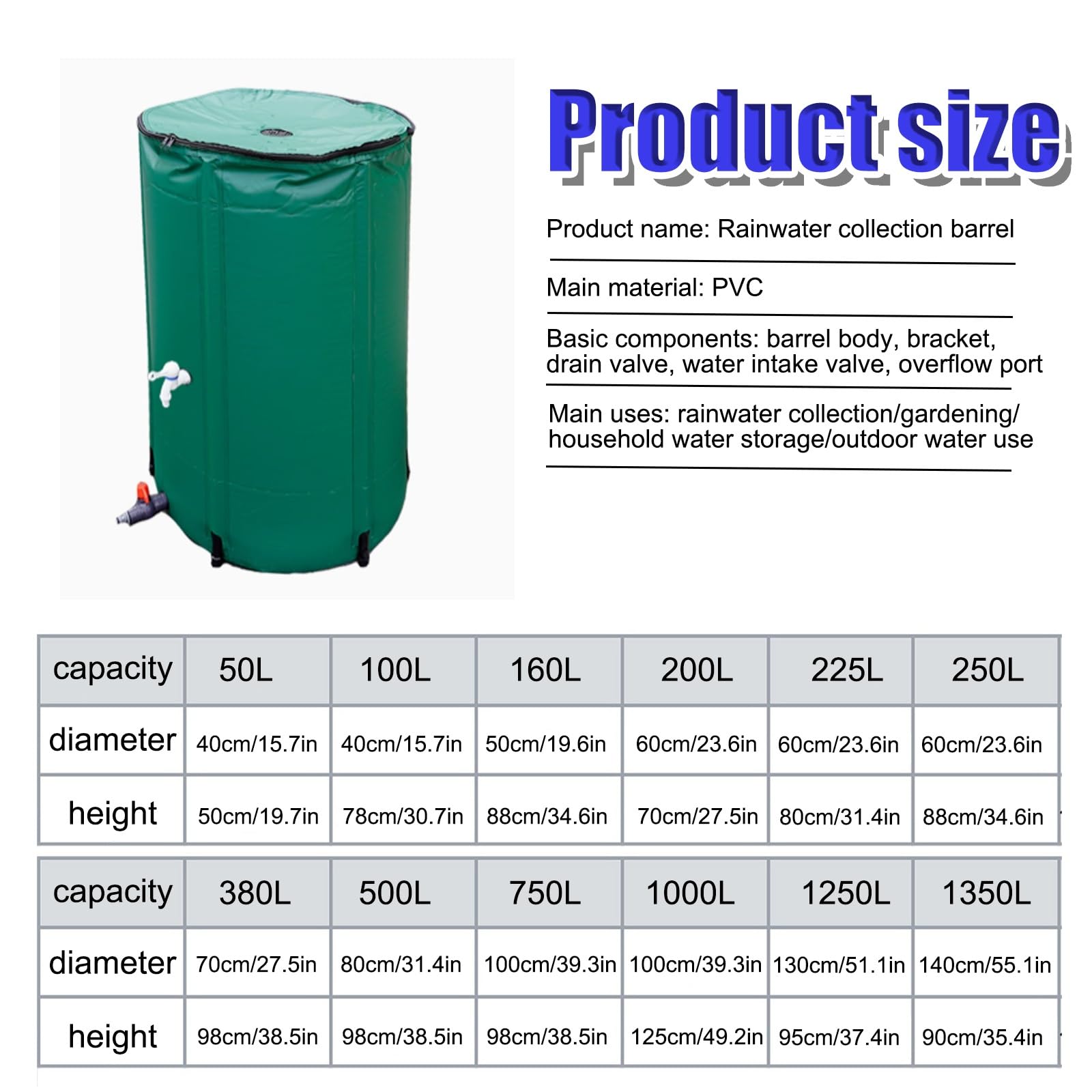 Depósito de recogida de agua de lluvia, Colector De Agua Lluvia for Canalones Multicolor 50L-1350L(Noir,200L)