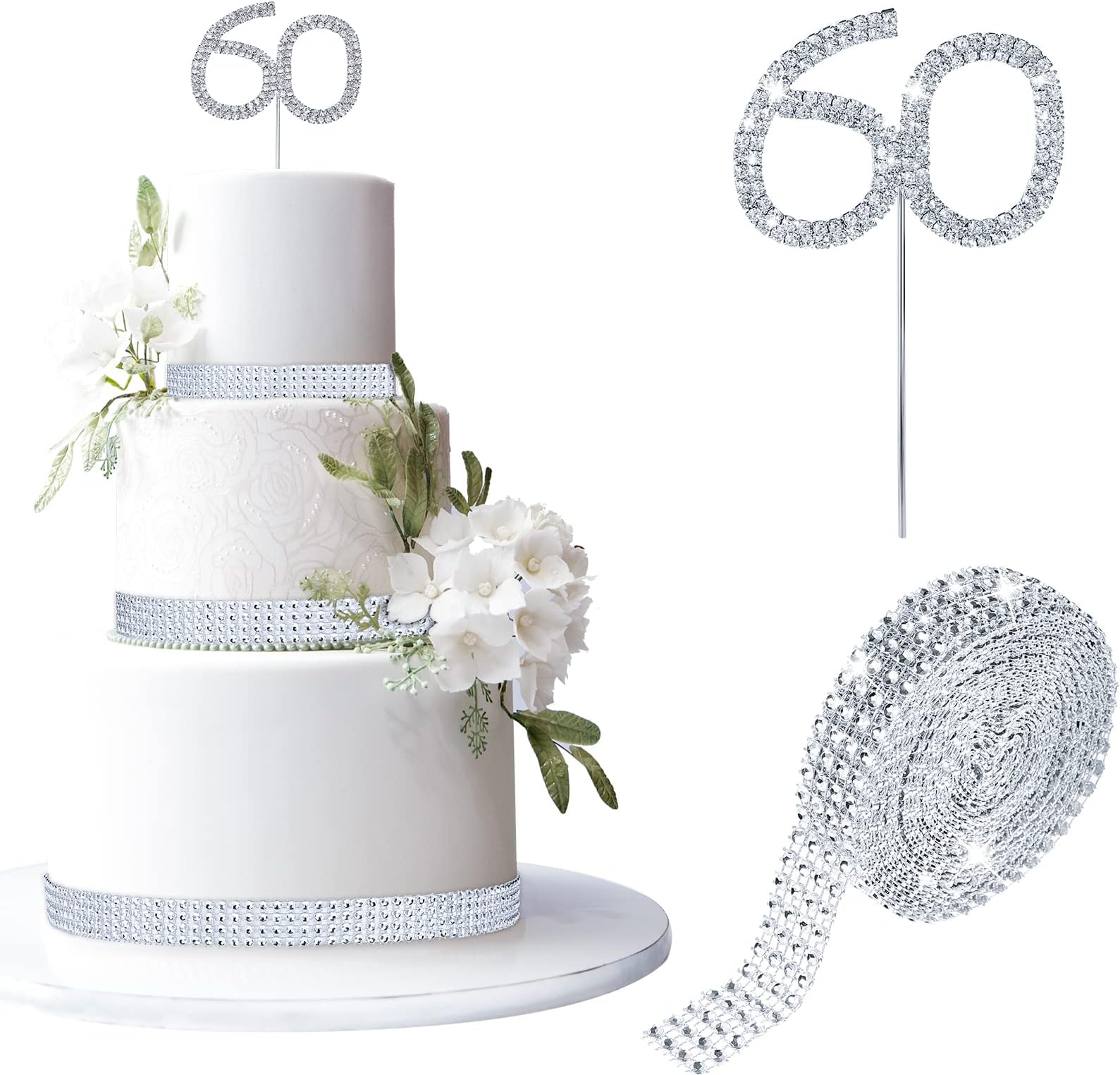 2 Pcs Wedding Anniversary Cake Topper 5 Yards Decorative Acrylic Rhinestone Diamond Ribbon for Cake Decoration for Birthday Party or Wedding Anniversary Party Supplies(60th Style)