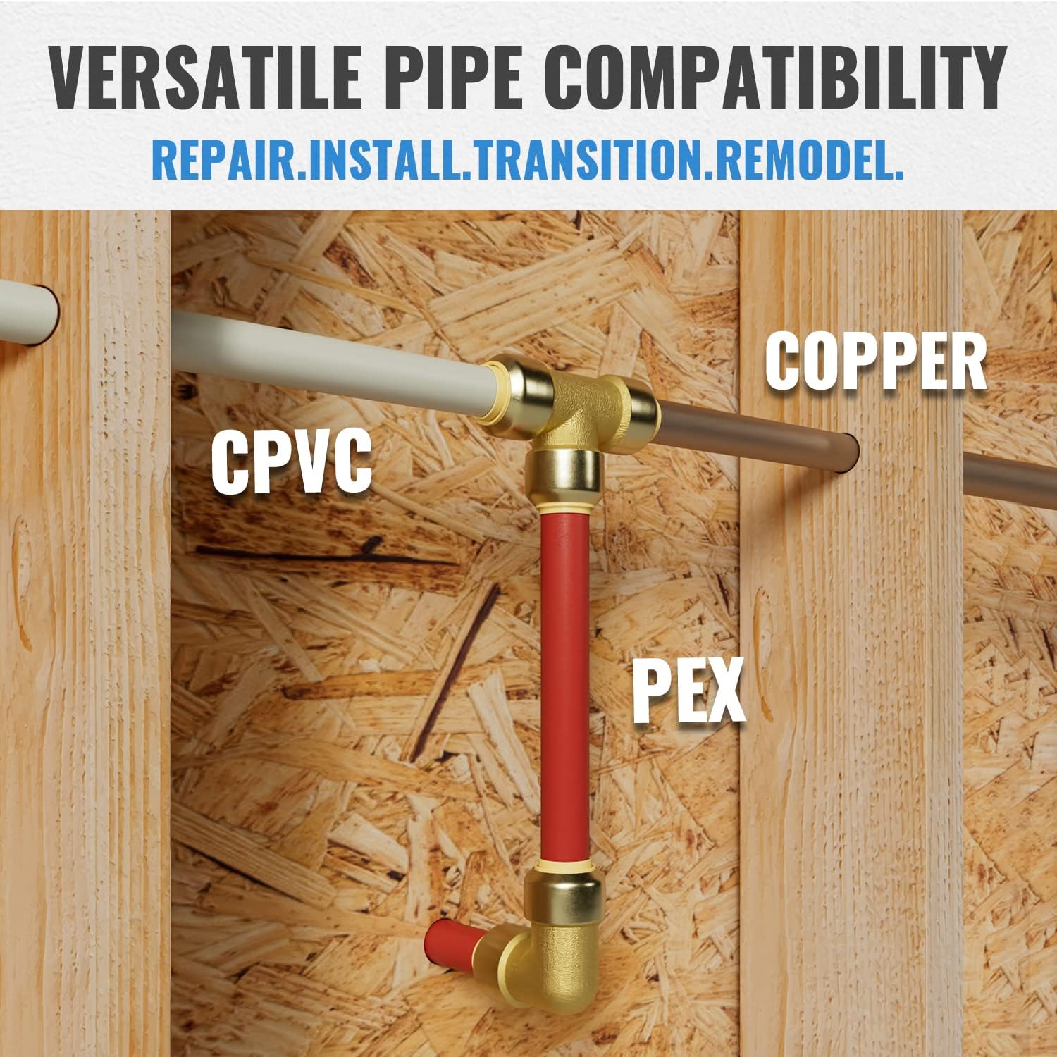 SUNGATOR Push Fittings 1/2 inch, 90 Degree Elbow (5 PCS), Tee (3 PCS), No Lead Brass Push-to-Connect Plumbing Fittings for Pex Pipe, Copper, CPVC, with 1 Disconnect Clip, Pack of 8