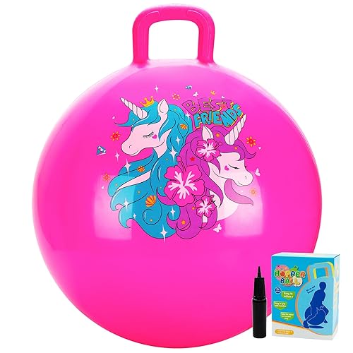 U&C Planet Hopper Ball 18 inches Bouncy Ball with Handle for Kids Age 3-6 Hoppity Hop Sit and Bounce Jumping Hopping Toy with Pump and Gift Box Great Gift for Birthday Christmas, Pink - 18 in (Ages: 3-6) - Pink Unicon
