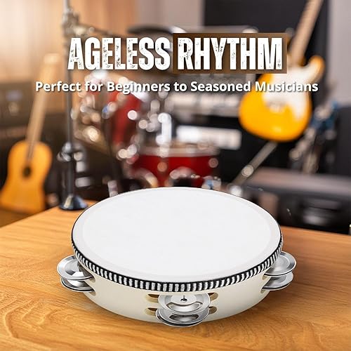 Miniatura 73 de Flexzion Pandereta redonda de madera para niños y adultos de 10 pulgadas de una sola fila, 8 pares de jingles, instrumento de percusión de mano rojo