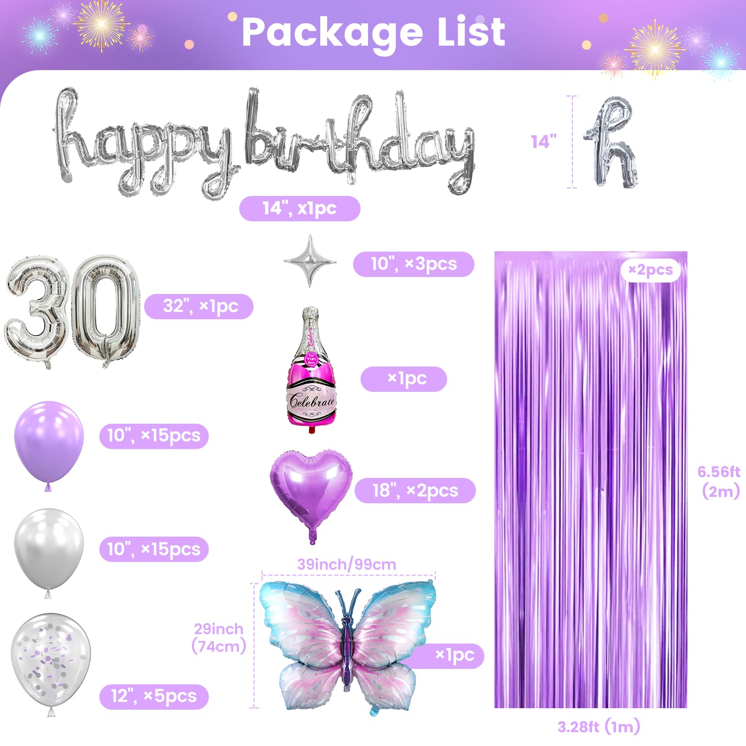 30th Birthday Decorations for Women Her ,Lavender Purple Silver Butterfly Happy 30 Birthday with Banner, Number 30 Balloons, Balloon Arch Kit for 30 years old Bday Party Supplies