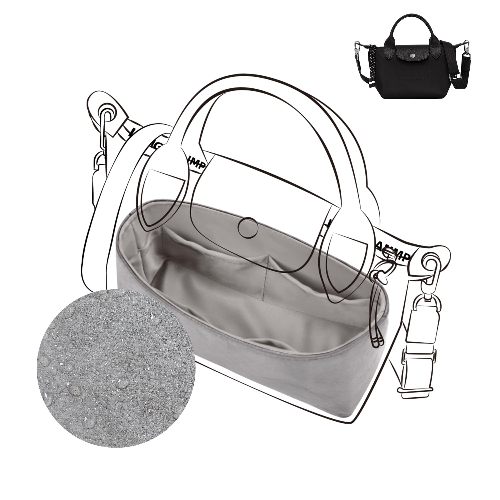 DGAZ Organizador de Bolso para Longchamp Le Pliage Energy, en Seda y Papel Dupont, con Bolsillo con Cremallera y Tira Sujeta-Botellas, Inserto para Bolsos Ligero (Gris Mouette, Energy XS)
