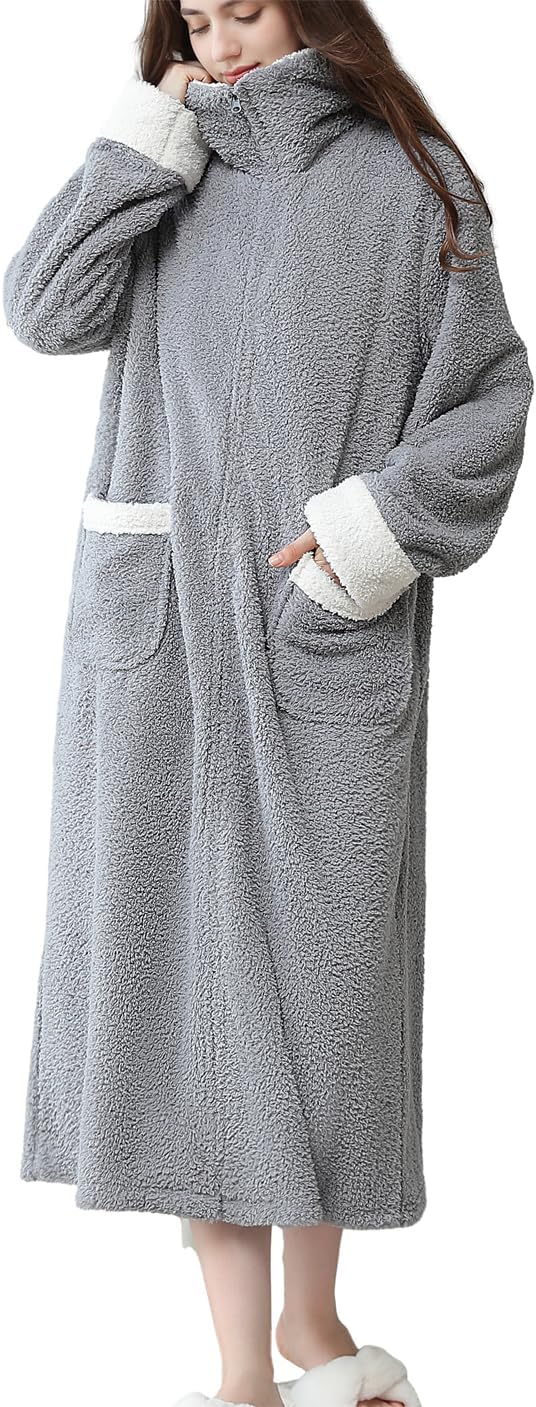 Daiwor Kout Zippered Robes for Women Winter Warm Fluffy Robes with zipper front Thick Cozy Fuzzy Housecoat with Pockets