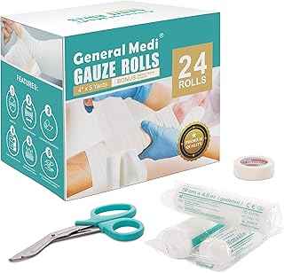 General Medi Conforming Bandage,24 Pack Gauze Bandage Rolls with Bonus Medical Tape + Premium Scissors, 10cm x 4.5m Stretched,Non-Sterile