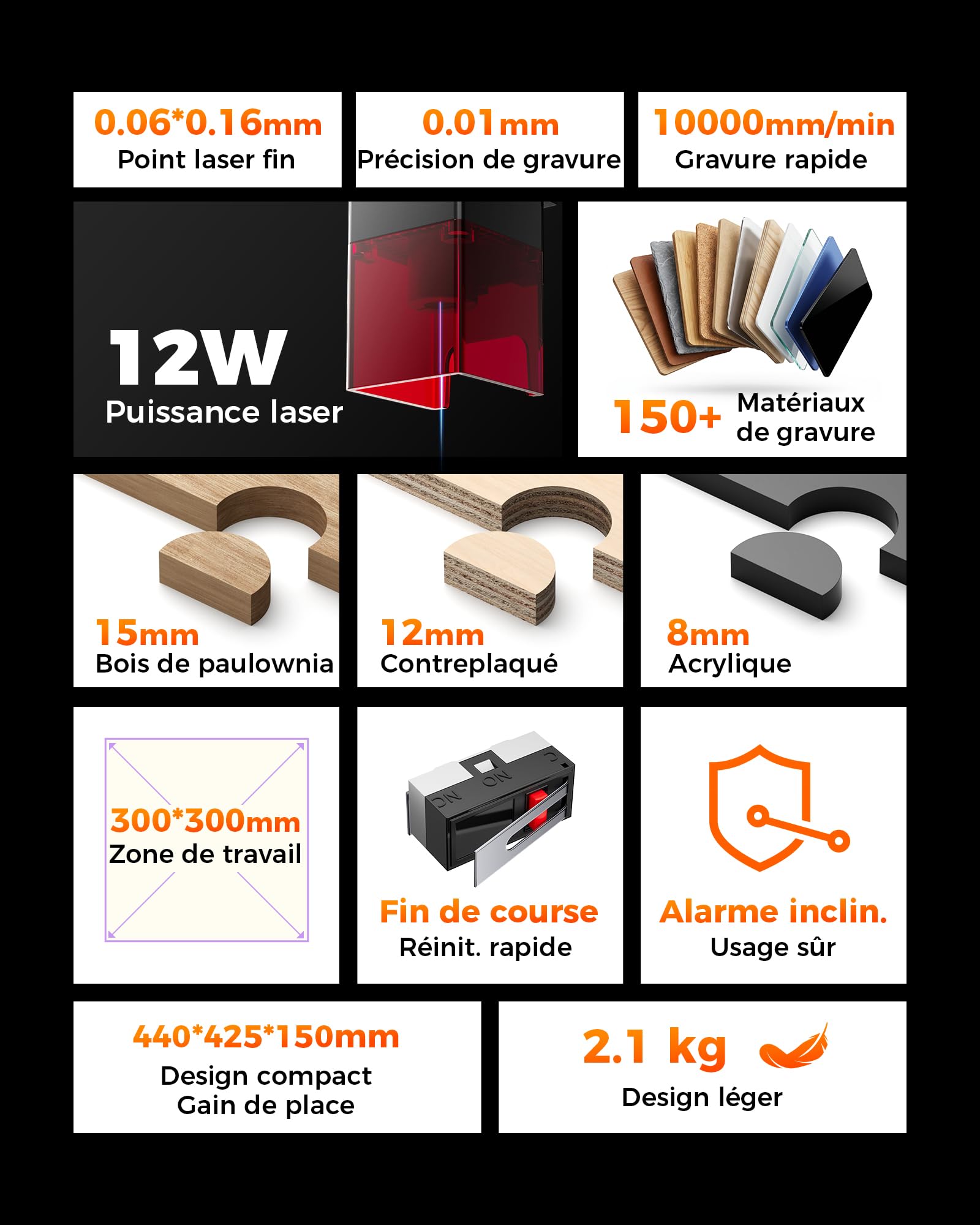 ELIDOR Z6 Machine de gravure laser 6 W, 0,01 mm, haute précision, zone de travail 300 x 300 mm, découpe laser pour bois, cuir, plastique, idéale pour les débutants et cadeaux personnalisés