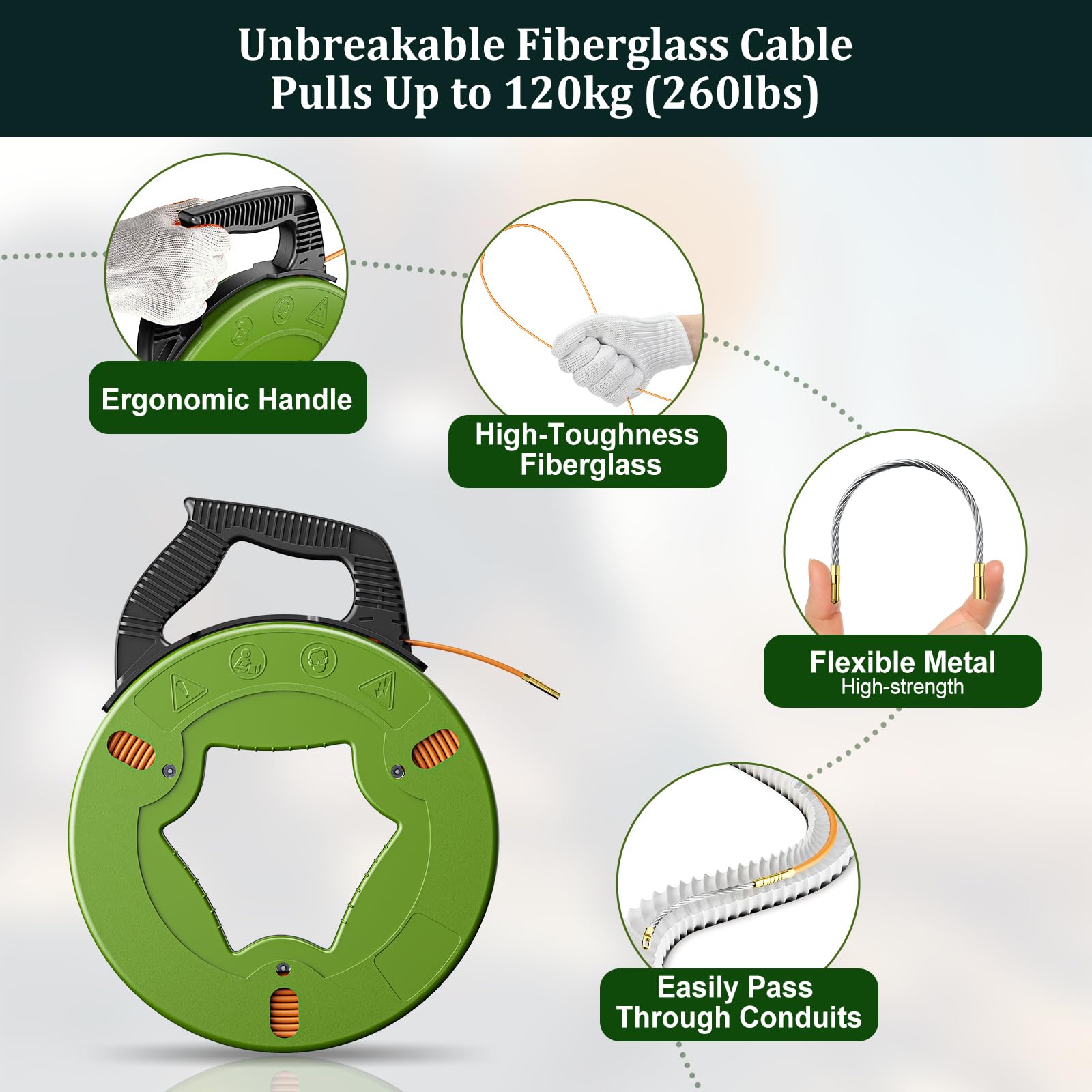 Kabeleinziehhilfe 50m, 4,5mm Einziehspirale Einziehfeder inkl. 6 Adapter, Zugdraht für Leerrohre, Einziehhilfe für Leerrohre, Zugdraht, Kabelzieher für Kabel & Elektroinstallationen
