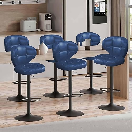 Miniatura 12 de Juego de 2 taburetes de bar, sillas de bar giratorias ajustables con respaldo y reposapiés, modernos taburetes tapizados de piel sintética para isla