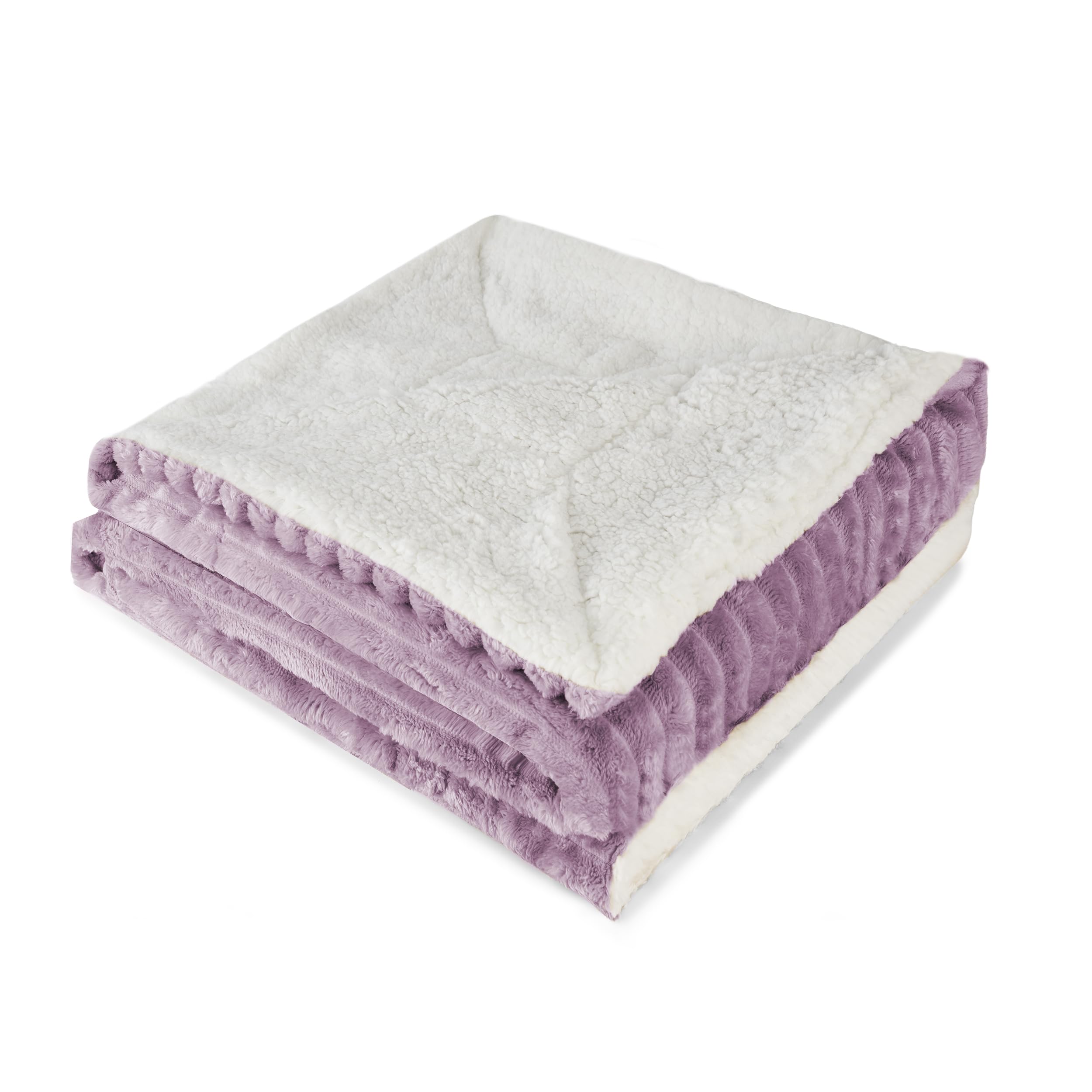 BESCH Manta Borreguito Reversible 160 x 220 cm Suave y Cálida Diseño con Textura a Rayas - Manta Sherpa Franela Gruesa Caliente, Transpirable para Invierno - Lavanda