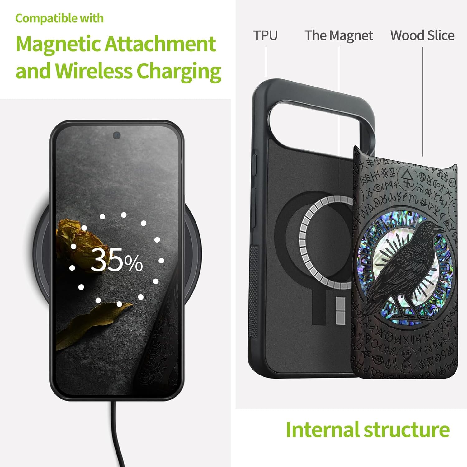 Carveit Magnetic Wooden Case for Google Pixel 10 Pro XL Case, Wood Artisan Engraved & Handmade Shell Inlaid, Compatible with MagSafe Wireless Chargers, Haloed Crow - Blackwood