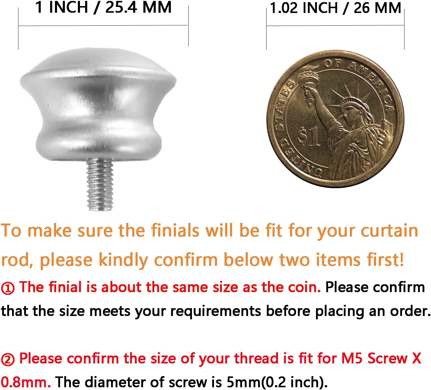 Finials For Curtain Rods, 4Pcs Plastic Curtain Rod Finials for 5/8 Inch Dia Rod,Drapery Rod Finials of Mushroom Shape,M5 Thread Dia(Silver)