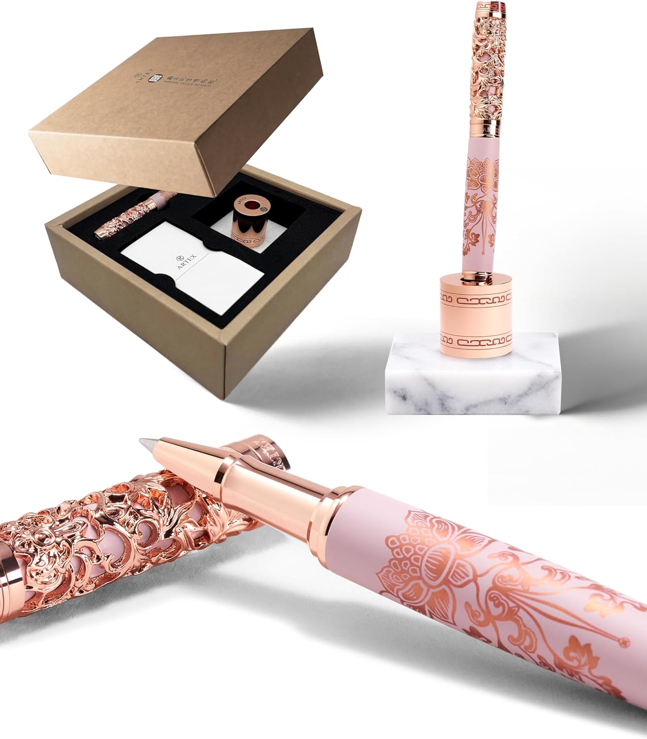 ARTEX Executive Rollerball Pen Sets With Stand - Museum Art Collections - Crafting Timeless Beauty-Luxury Pen Gift & Office Desk Decor, German SCHMIDT refill,Solid Metal & Marble, Gift for mom