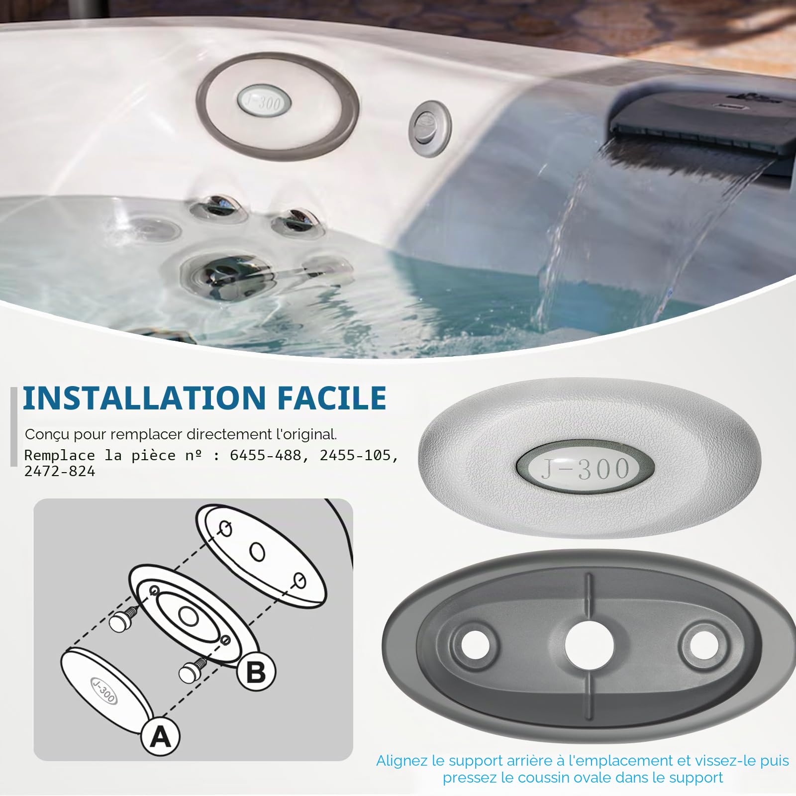 4 Pack 2472-824 Insert de Coussin Ovale pour Spa et Support Dorsal Compatible avec les Jacuzzi J-300 Série 2004–2018 & Spas, 2455-263 Coussins de Tête de Spa de Rechange - Support Amélioré