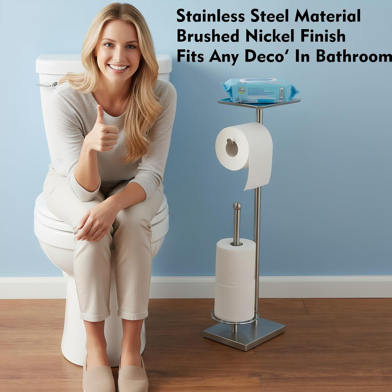 Toilet Paper Holder with Shelf, Toilet Paper Stand with Storage for Holding Extra 3 Rolls, Freestanding Toilet Paper Holder for Bathroom (Brushed Nickel with Metal Base)