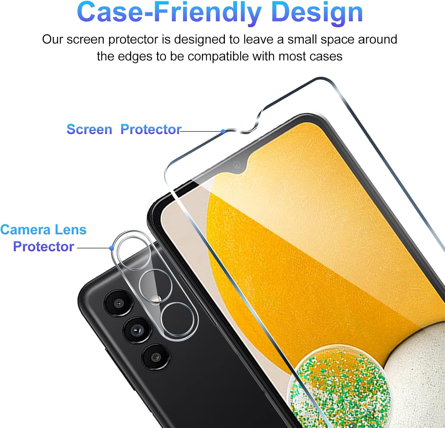 TQLGY 3 Pack Screen Protector for Samsung Galaxy A13 5G / 4G / LTE with 3 Pack Camera Lens Protector, Tempered Glass Film, 9H Hardness - HD - Bubble Free - Anti-Scratch - Easy Installation