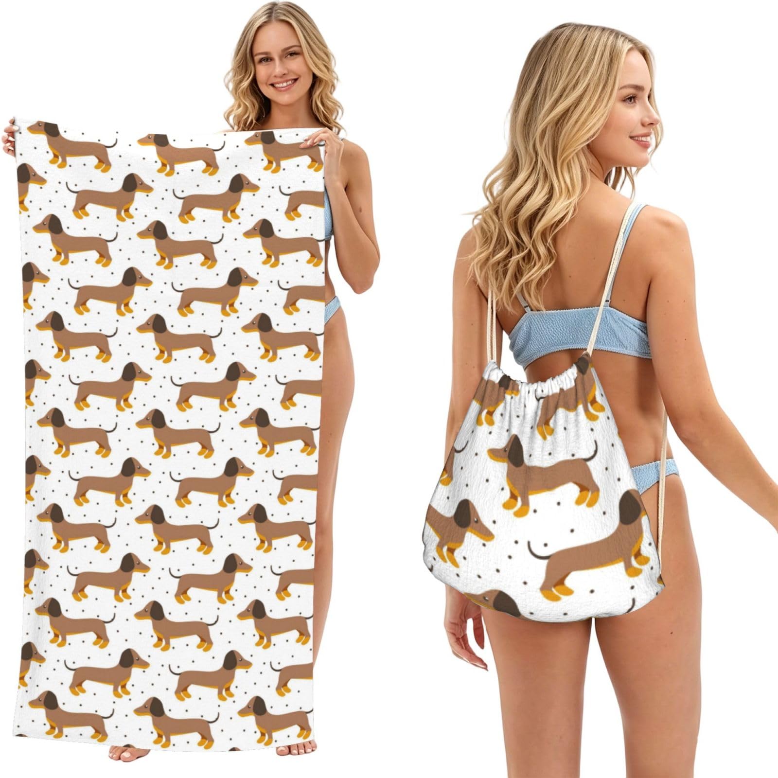 Poadnly As Picture Dachshund Pattern, 2 In 1 Packable Towel Bag, Beach Towels With Drawstring Backpack For Travel Holiday Camping
