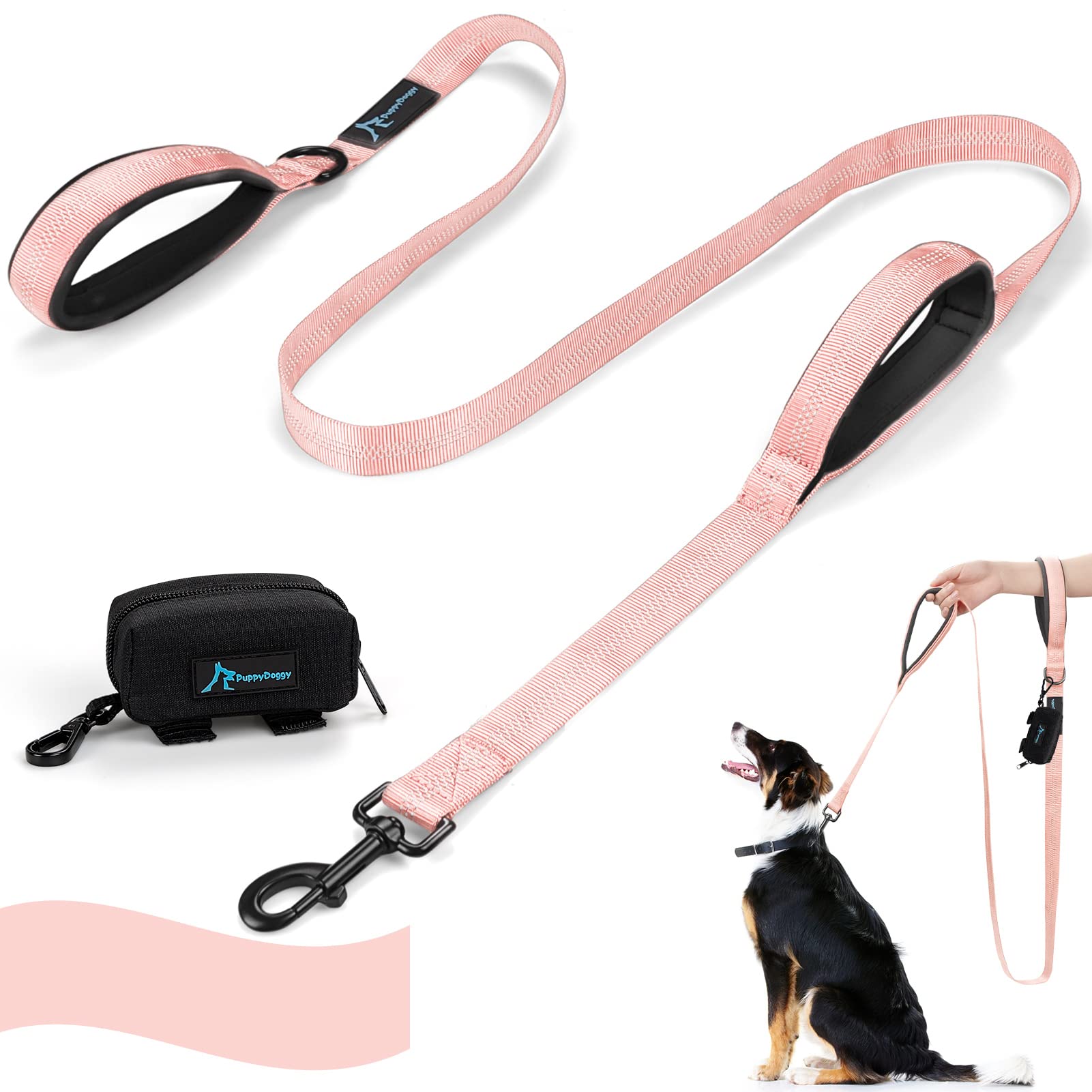 PuppyDoggy Correa de Perro con Doble asa de 1.8 m de Largo para Perros Grandes y medianos Hilos Reflectantes con Dos Asas Acolchadas de tráfico y dispensador de Bolsa de Caca para Caminar (Rosa)