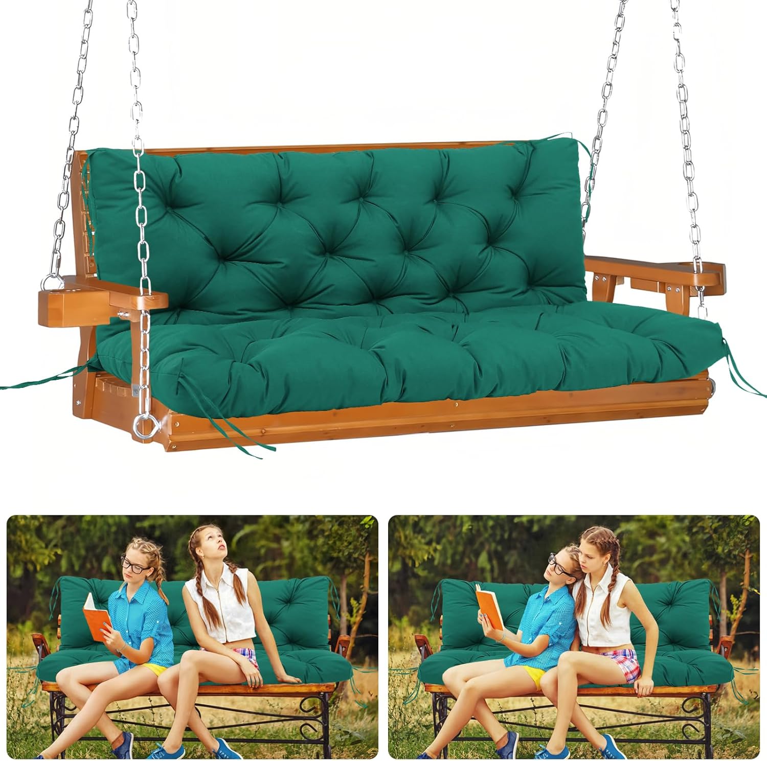Porch Swing Cushions with Backrest Waterproof 2-3 Person Seat Thickened 5" Outdoor Swing Cushions Patio Swing Cushions for Outdoor Garden Backyard Bench Furniture (Dark green-60x40x5)