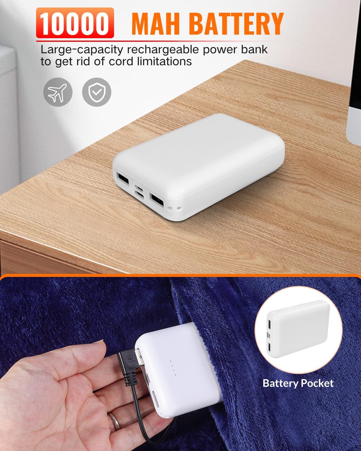 Cordless Heated Blanket Battery Operated w/Hoodie, Heated Wearable Blanket Throw with 3 Temp, 10000 mAh Rechargeable Battery, Portable USB Heated Shawl for Outdoor, Camping, Office(Navy)